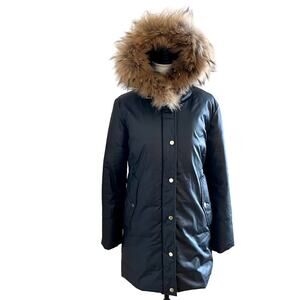 Soia & Kyo Fur Trimmed Waxed Parka Coat Jacket In Navy Indigo Size Small